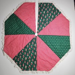 Vintage Handmade Quilted Patchwork Christmas Tree Skirt 42" Red Gingham Retro